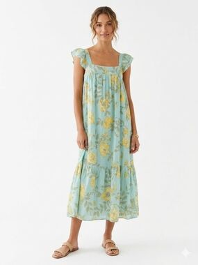 Pastel Blue Floral Square-Neck Maxi Dress